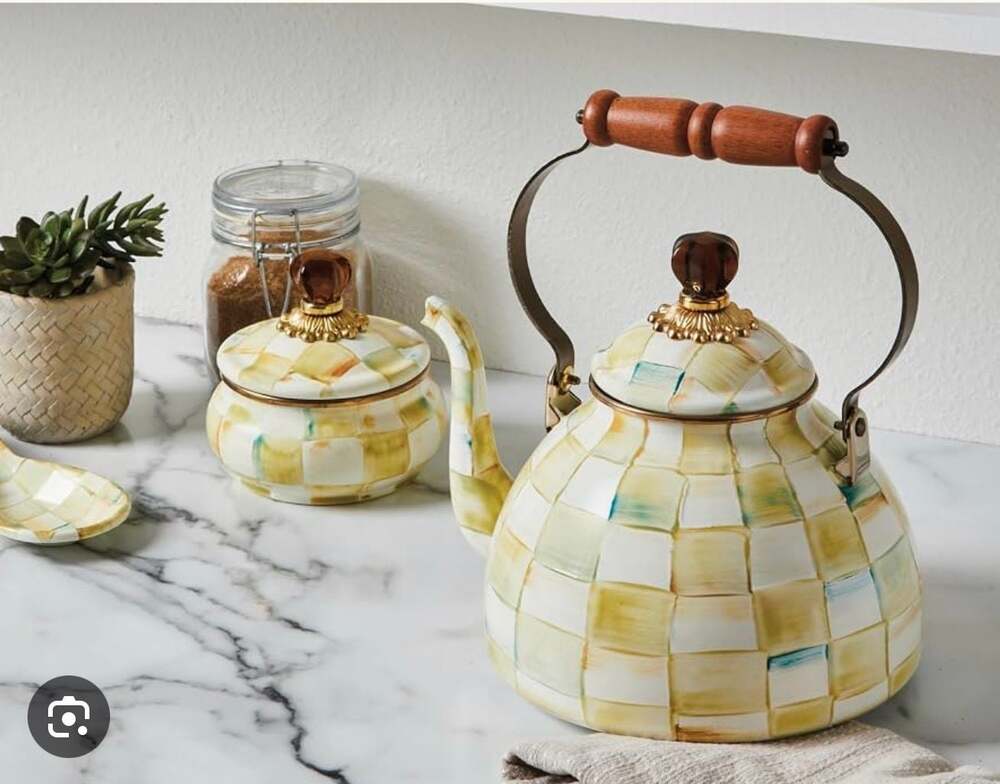 MacKenzie-Childs Parchment Check 3-Quart Tea Kettle Retired Brand new in box!